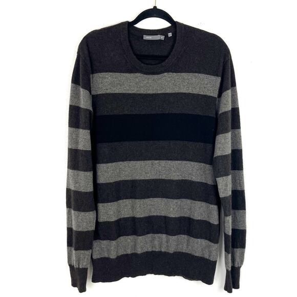 Vince Men’s Cashmere Sweater Wide Stripe Crewneck Pullover Size XL Gray Black - Picture 1 of 6
